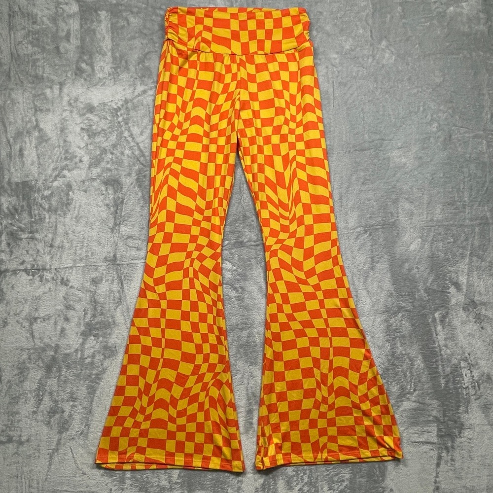 Earthbound Trading Co Flare Pants Women Small Orange Yellow Warped Checkerboard